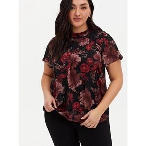 Torrid Black Floral Georgette Pintuck & Crochet Inset Blouse